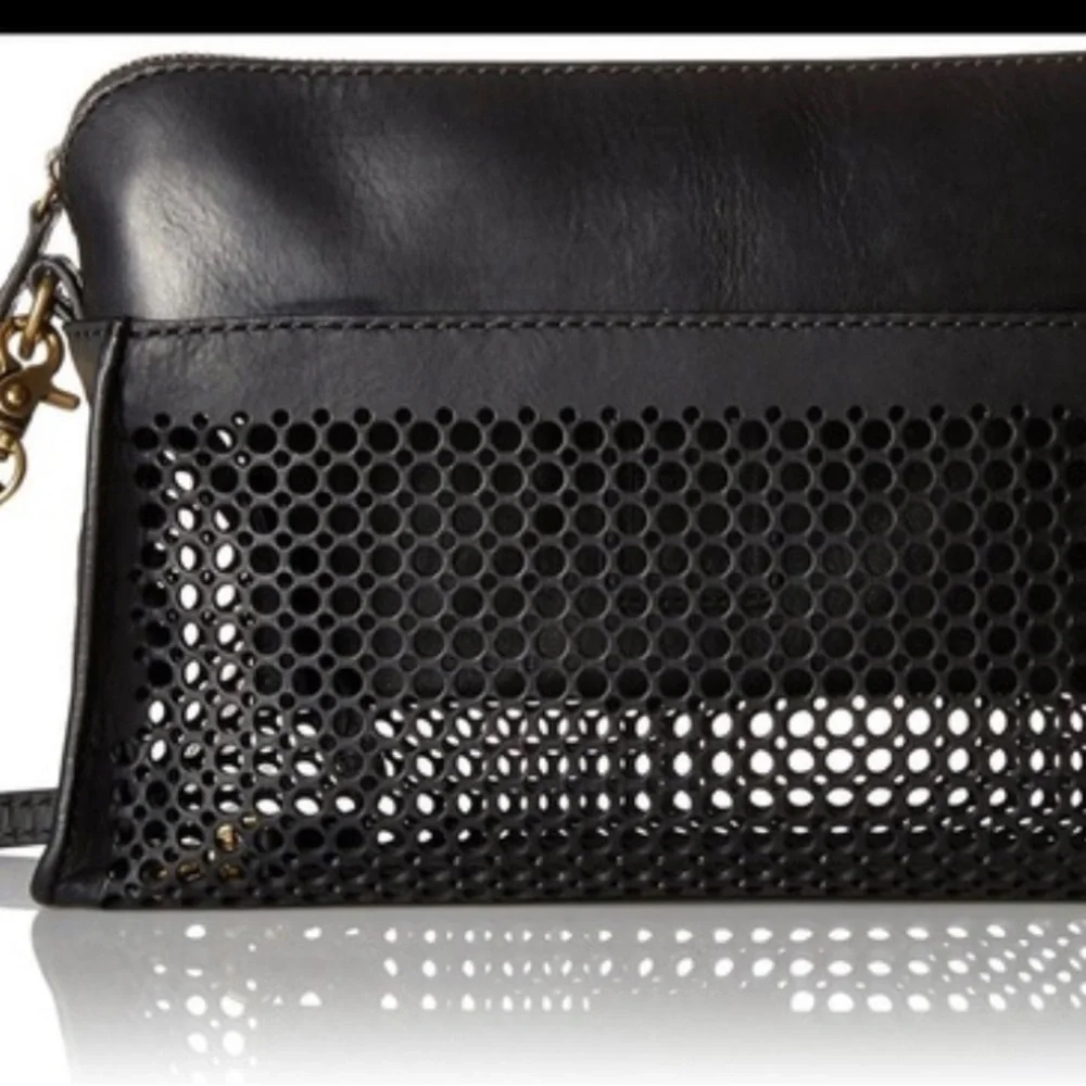 Frye Peyton perforated leather crossbody clutch bag. Black. - Picture 3 of 7